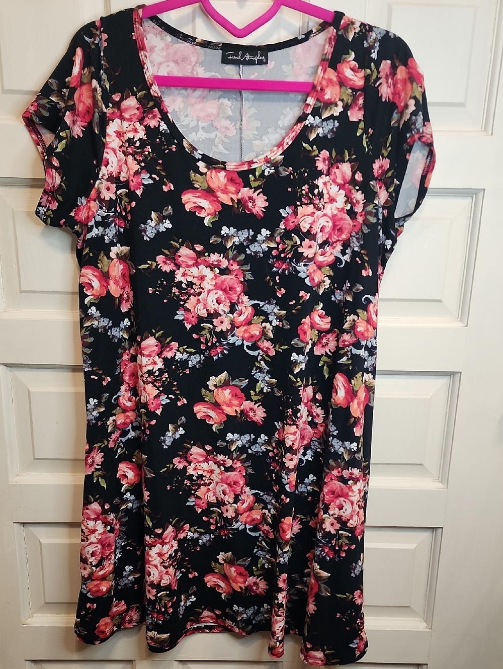 French Atmosphere Black Floral Mini Dress/ Tunic with Pink Roses